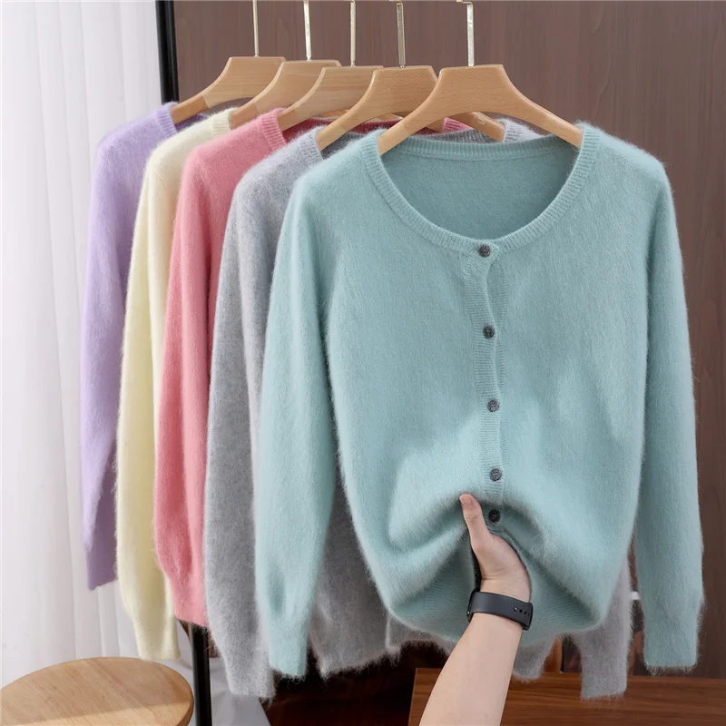Nuevo suéter de cachemira de visón de 100% para mujer, cárdigan con botones y cuello redondo, suéter suave y cálido para otoño e invierno, Tops informales de manga larga
