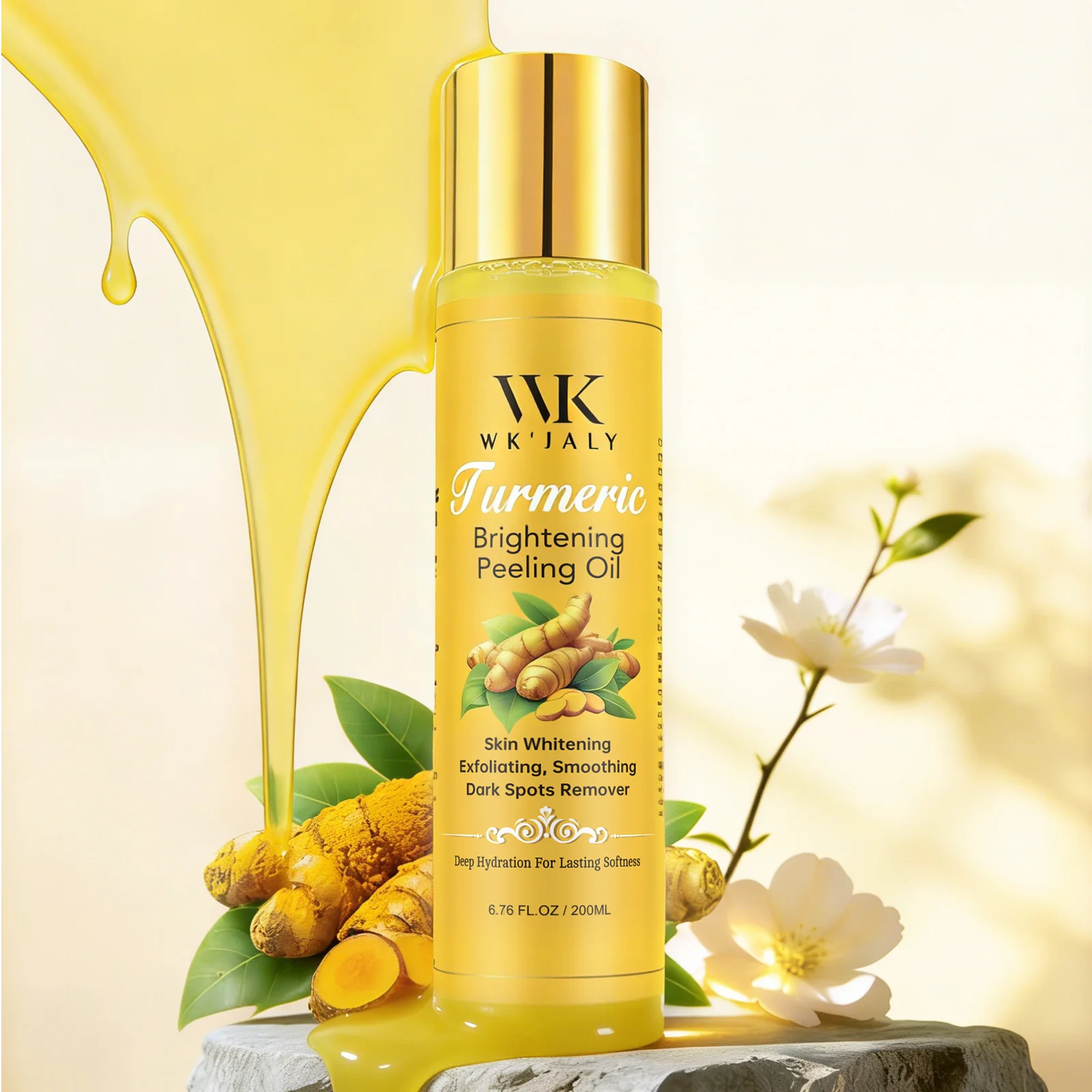WK JALY Aceite Exfoliante Amarillo Para Todo Tipo de Piel, Con Cúrcuma Natural, Aclarante, Mejora la Piel Áspera, Limpia, Suaviza, 200ml