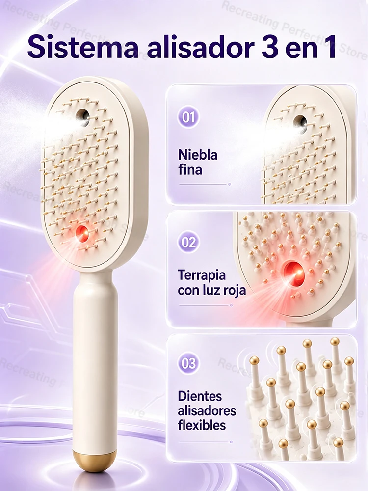 Cepillo Eléctrico Alisador de Cabello sin Calor con Pulverizador de Niebla Fina, Cuidado con Luz Roja, Alisador para Uso en Seco y Húmedo, Carga Rápida