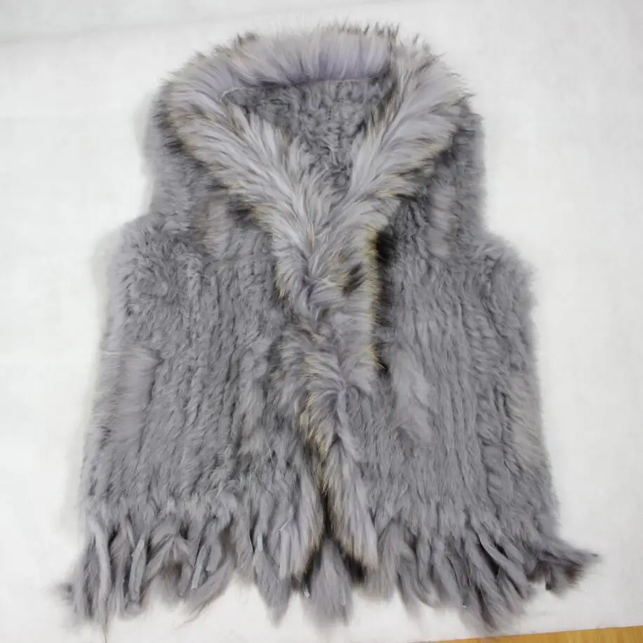 Chaleco de piel de conejo natural para mujer Harppihop con cuello de piel de mapache, chaleco/chaqueta de piel de conejo rex tejida para invierno.