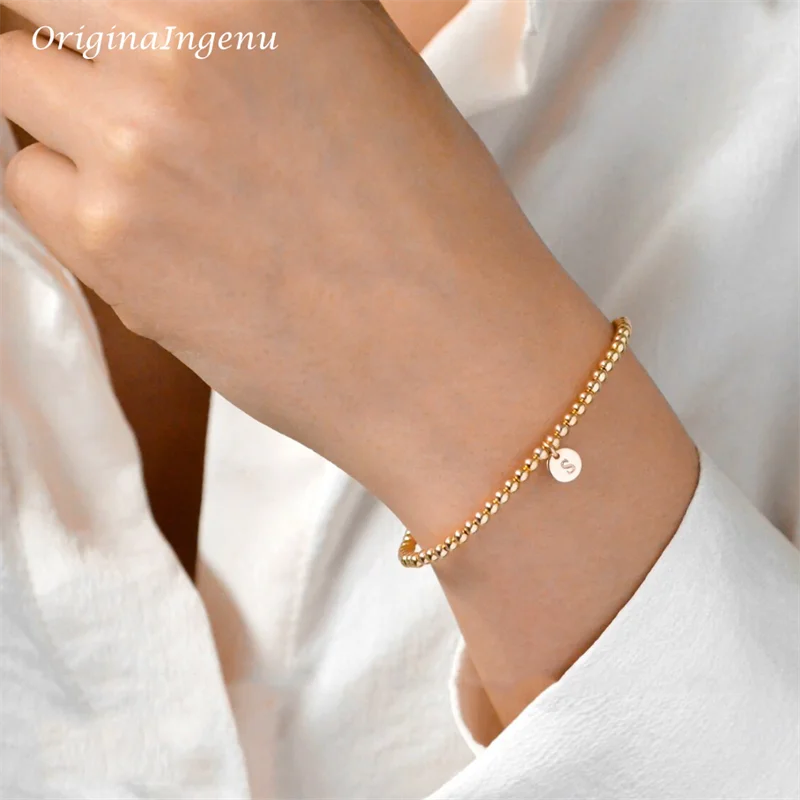 Pulsera de cuentas de oro hecha a mano, pulsera elástica llena de oro de 14 quilates, joyería con letras personalizadas, pulseras bohemias, joyería Bohemia Vintage para mujer