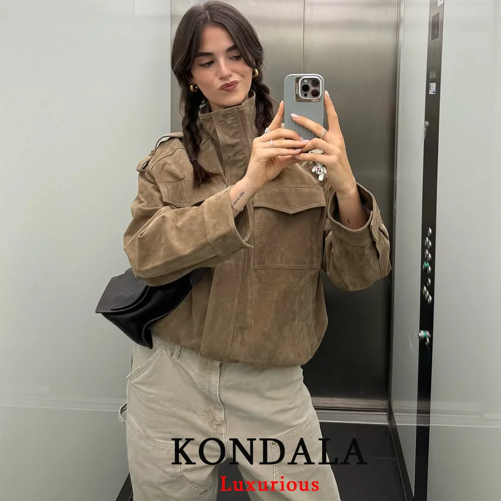 KONDALA, chaqueta Bomber elegante de gamuza para mujer, abrigo holgado recto con bolsillos de manga larga para mujer, moda Otoño Invierno 2021, prendas de vestir