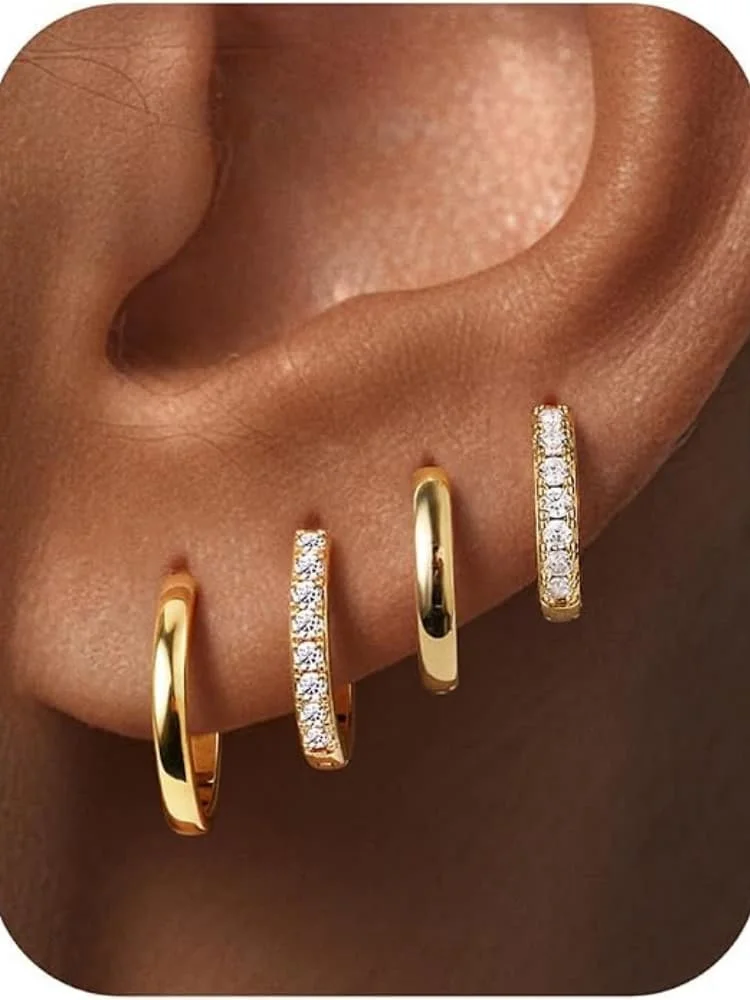 Juego de 4 Pares de Aretes de Aro con Circonita Cúbica Plateados en Plata 925 para Mujer, Aretes de Aro Huggie con Circonita Cúbica Brillante para Cartílago y Hélix