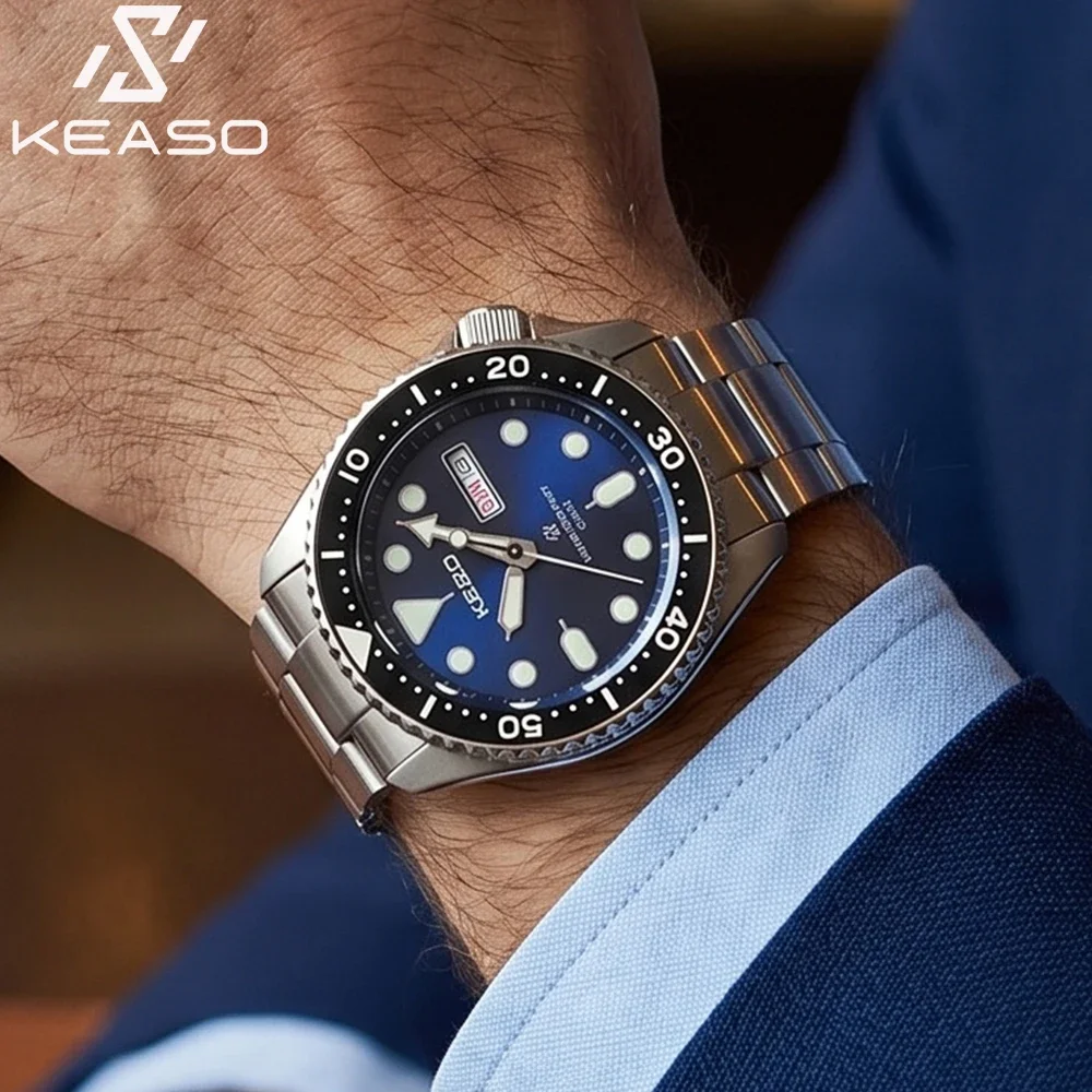 Reloj de Buceo para Hombre KEASO, Movimiento de Cuarzo MIYOTA 2035, C3 Super Luminoso, Deportivo, Acero Sólido 316L, Resistente al Agua 200M, Cristal de Zafiro