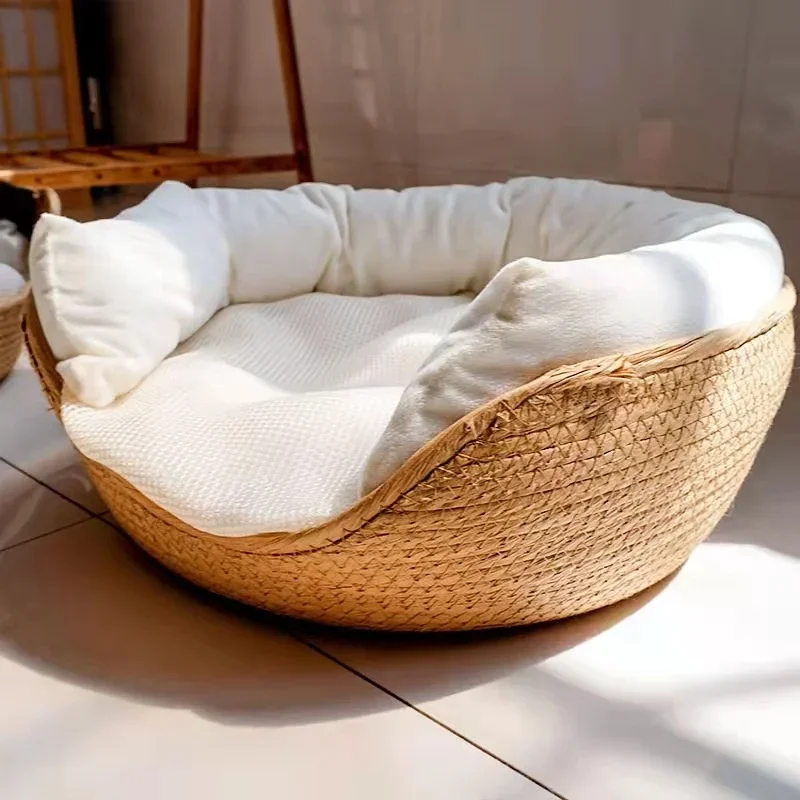 Cesta de ratán para mascotas, colchón de hierba tejida, nido de gato, perrera, tabla de rascar de paja, cama de gato para cachorro y gatito, Universal para todas las estaciones