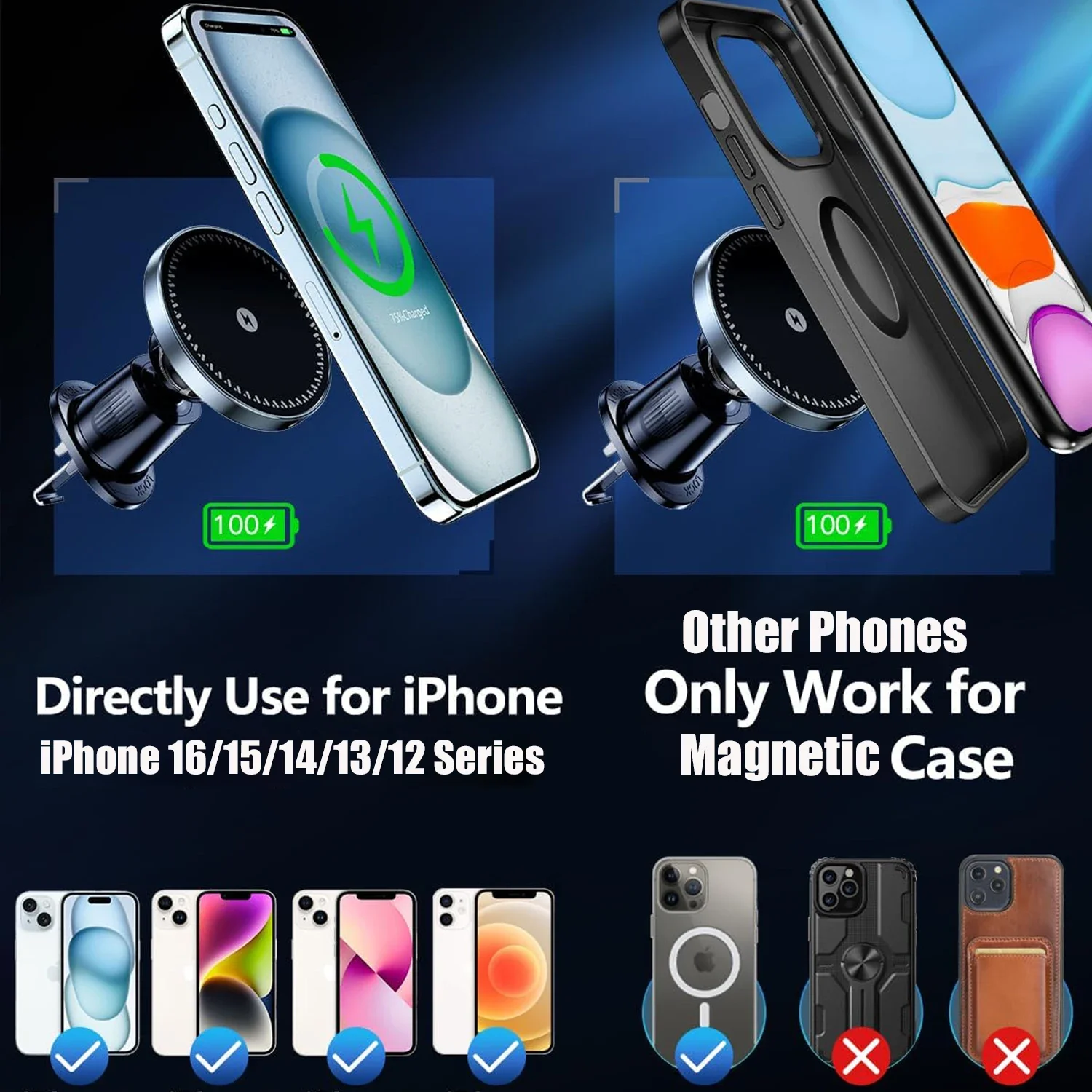 UYUXIO-Adaptador de cargador de teléfono inalámbrico magnético fuerte para coche, soporte de teléfono para salida de aire de 15W para iPhone 16 15 14 13 Pro Max Plus 12