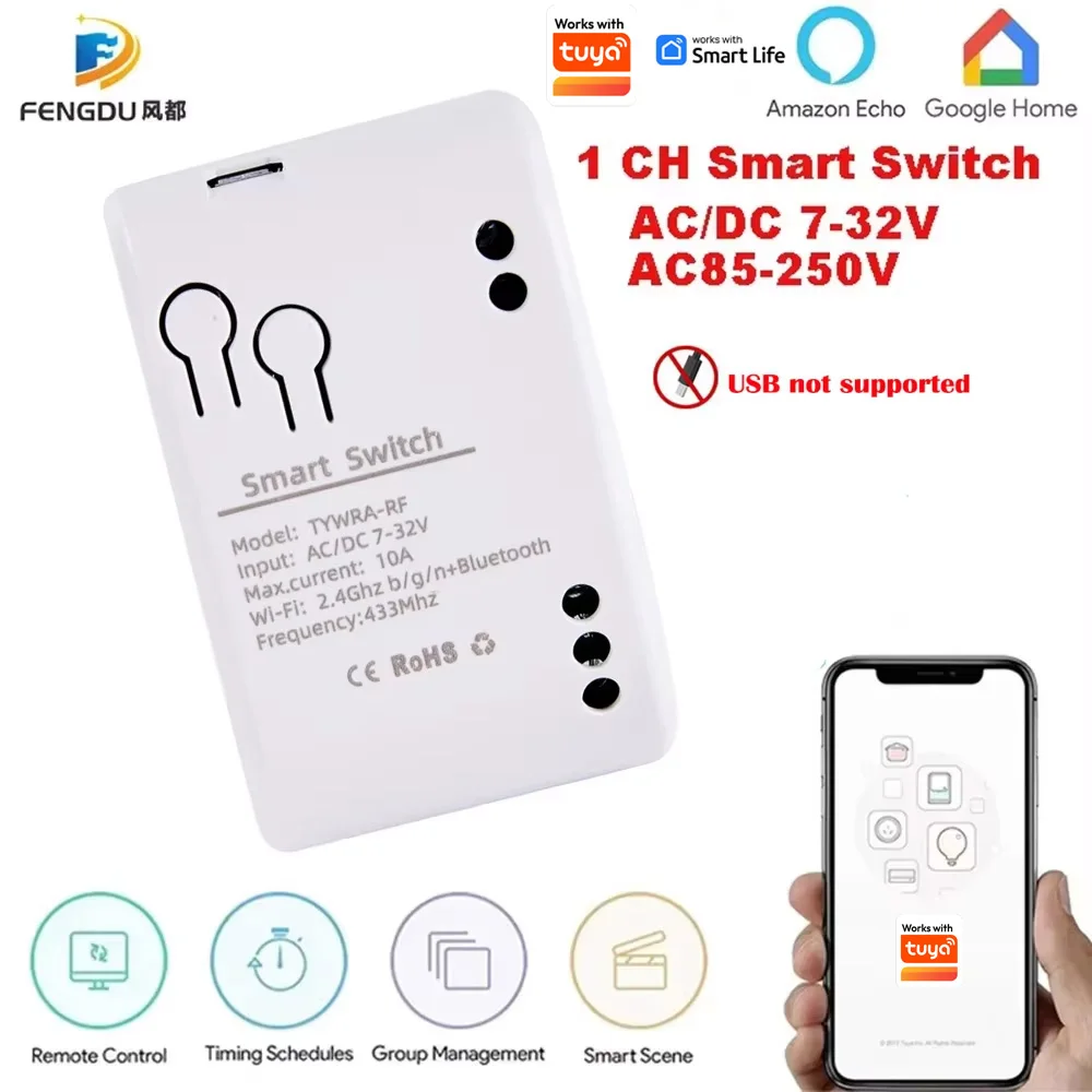 Interruptor Inteligente Wifi de 1 Canal, 7-32V, Mini Controlador de Luz Wifi, Receptor RF 433, Abrepuertas de Garaje, 10A, Compatible con la Aplicación Tuya, Relé de 1 Canal