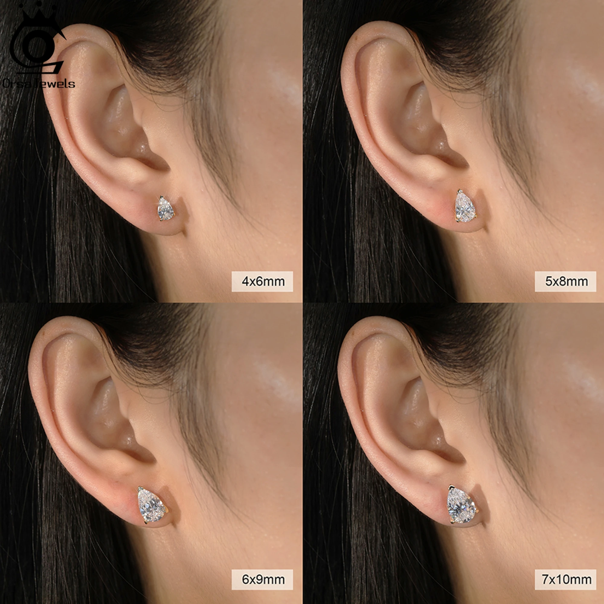 ORSA JEWELS Pendientes tipo botón de plata fina 925 con piedra de circón cortada en forma de gota de agua, joyería elegante e atemporal para mujer LZE02