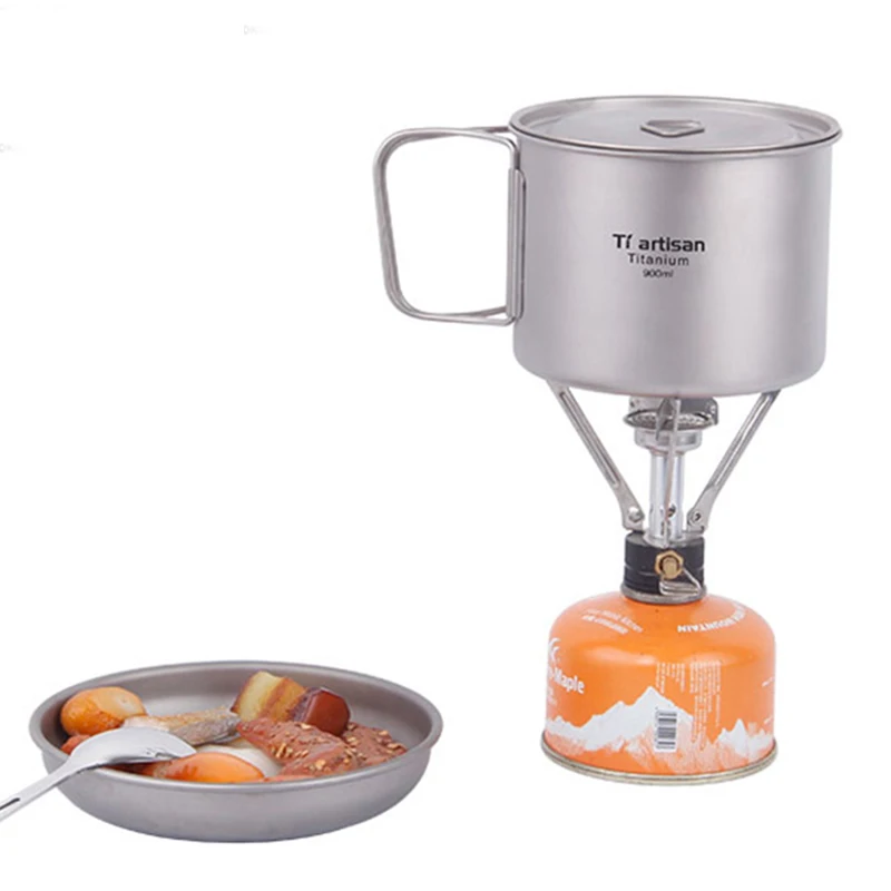 Tiartisan-taza de titanio para acampar, vajilla portátil con tapa, mango plegable, utensilios de cocina para Picnic al aire libre, Ta8316, 900ml