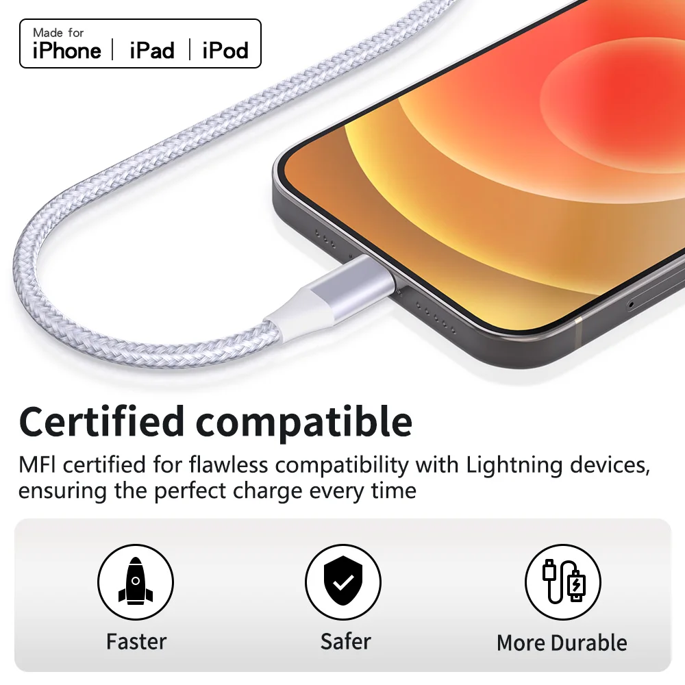 Paquete de 5 cables USB a Lightning para iPhone 14, 13, 12, 11 Pro Max, X, XS, XR, cable de carga rápida de 12W, cable de datos, cable USB C para iPhone