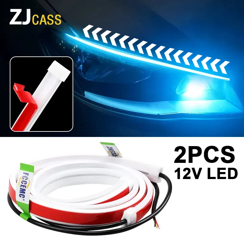 Luz de circulación diurna LED DRL para coche, 12V, 2 uds., Flexible con arranque, escaneo secuencial, luz de señal de giro, tiras de lámpara de faro Universal