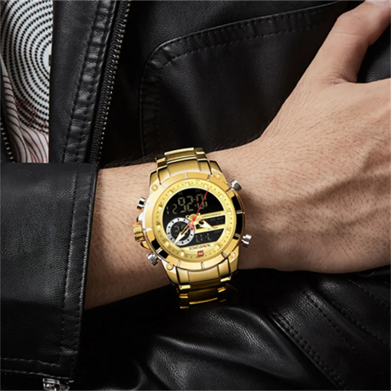 NAVIFORCE 9163 reloj de pulsera deportivo Original de lujo para hombres de cuarzo de acero resistente al agua con pantalla Dual relojes militares reloj Masculino
