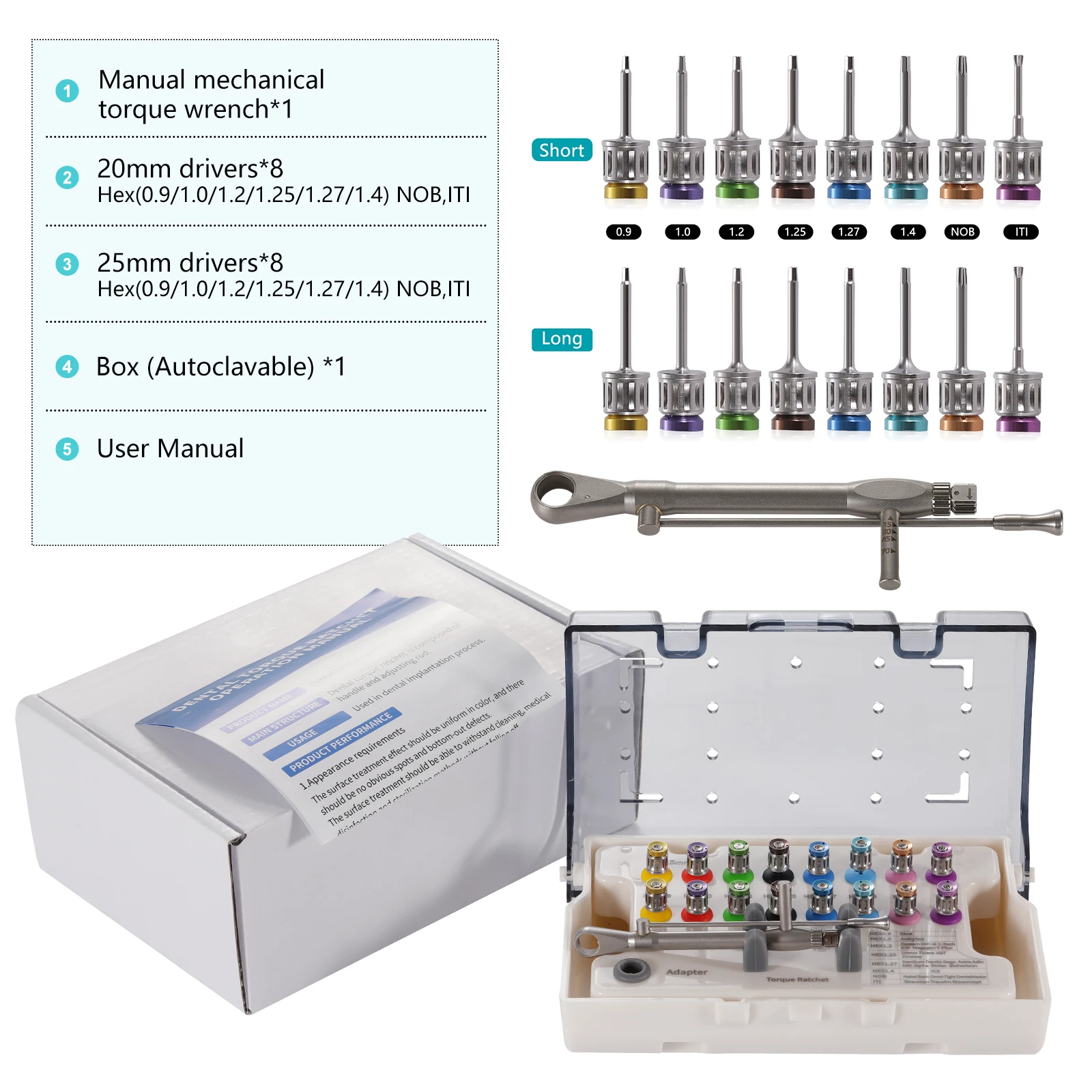 Kit de implante Dental Universal, controlador de muelle, destornillador hexagonal manual, conductores largos + cortos, Kit de llave de torsión protésica