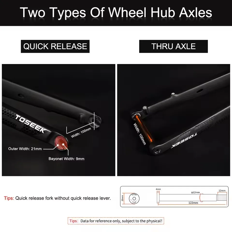 Horquilla de Bicicleta de Carretera TOSEEK T800 de Carbono, Horquilla Delantera para Bicicleta de Carretera 700C*32mm, Eje Pasante 12*100mm, Eje QR 9*100mm, Recto o Cónico