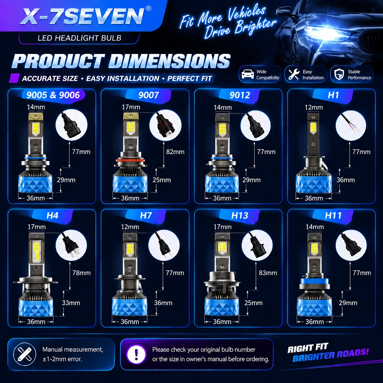 Bombilla LED para faros delanteros X-7SEVEN 190W 38000LM 6500K Súper Brillante H7 H11 H4 H13 9005 9006 Kit de Faros Delanteros CANBUS para Automóvil 2 Años de Garantía