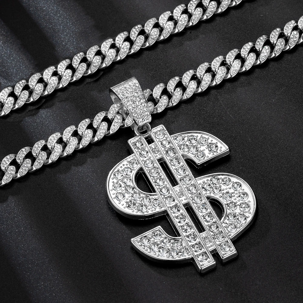 Collar con colgante de dólar de Hip Hop a la moda con cadena cubana de 13mm, collares con signo de dinero de dólar estadounidense, joyería Punk de Rap Rock para regalo de hombre