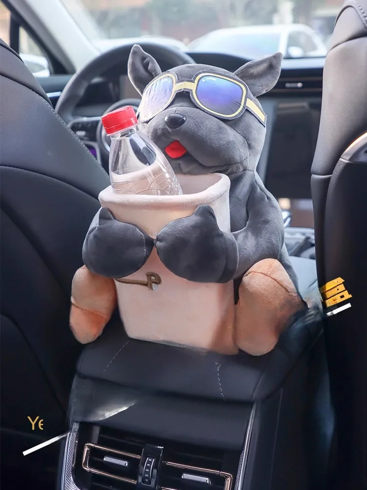 Caja de pañuelos montada en coche 2 en 1, muñeco de peluche de dibujos animados, reposabrazos automático, cajón de papel colgante, almacenamiento, cubo de basura y soporte para pañuelos para coche