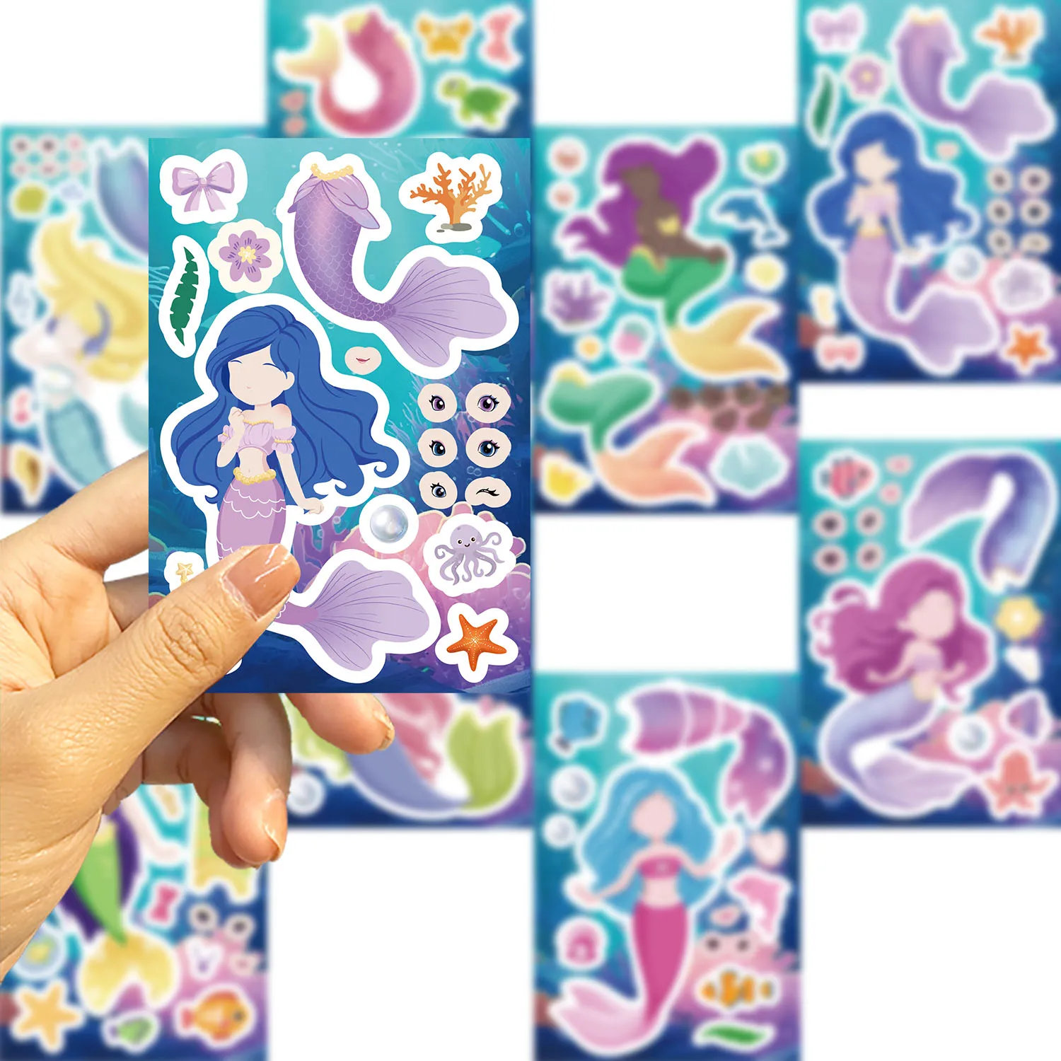 8/16/24 Uds. Pegatinas de rompecabezas de princesa sirena bonita para hacer una cara juguetes DIY para niños pegatinas de ensamblaje regalos de recuerdo de fiesta