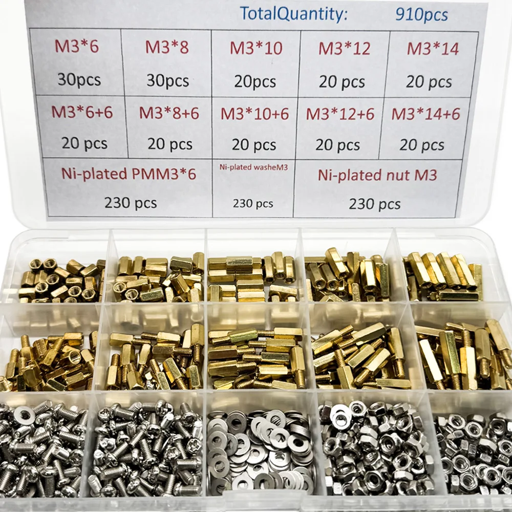 1 Juego de 910 Uds. Kit espaciador de latón 230 Uds PMM3 + 230 Uds NutM3 + WasheM3 tornillos espaciadores de latón de cabeza hexagonal rosca M3 Pilar PCB