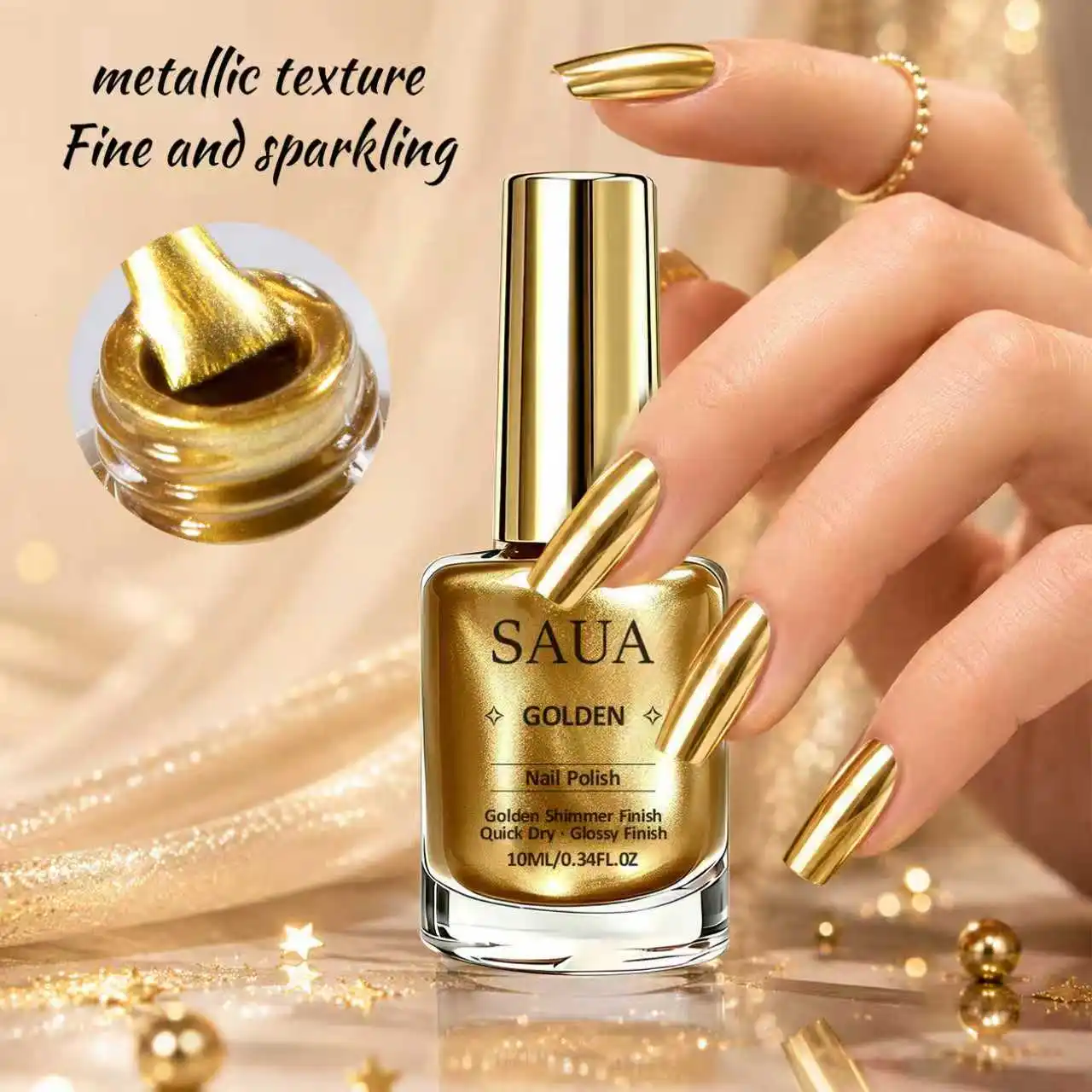 Esmalte de uñas metálico dorado de 10 ml – Secado rápido, no requiere lámpara; proporciona un acabado metálico duradero y natural con efecto espejo.