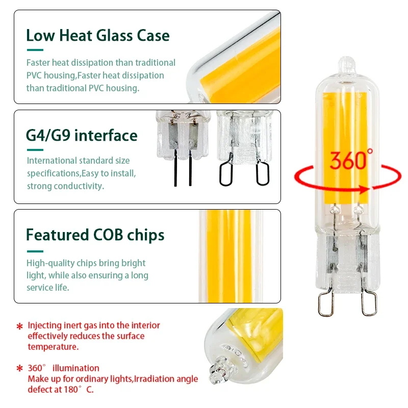 10 unids/lote lámpara LED G9 más brillante G4 AC 220V 230V 240V 6W 9W bombilla Led COB de vidrio foco blanco cálido/frío reemplazar luz halógena