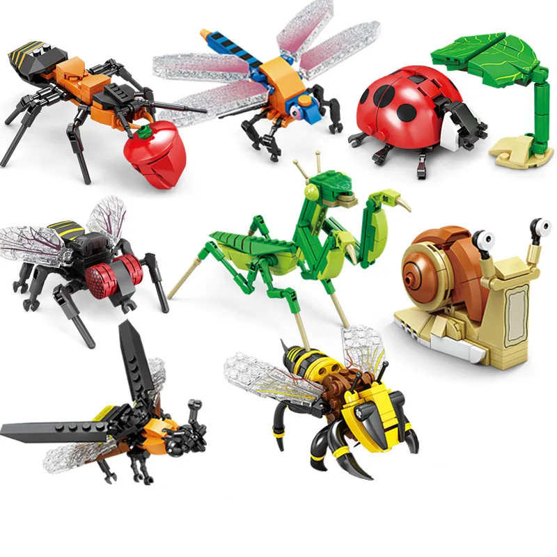 Bloques de construcción creativos, modelo de insecto, abeja, libélula, hormiga, Mantis, juguetes ensamblados para niños, adornos de animales interesantes, regalos