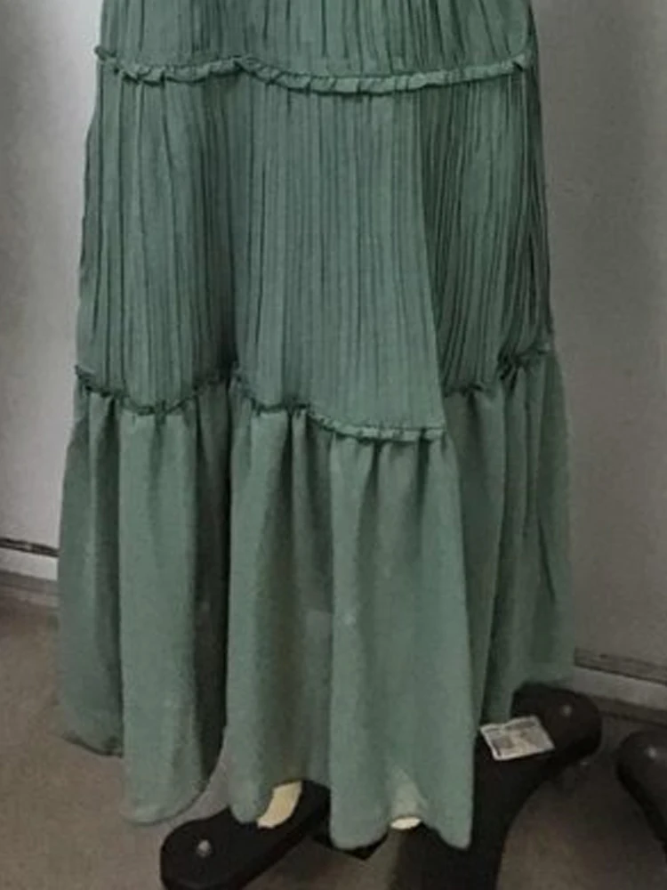 Vestido Maxi Retro con Volantes y Escote en V Profundo, Sin Mangas, de Gasa Fluida, Largo, Estilo Bohemio, con Pliegues y Dobladillo Dividido, Casual para Mujer