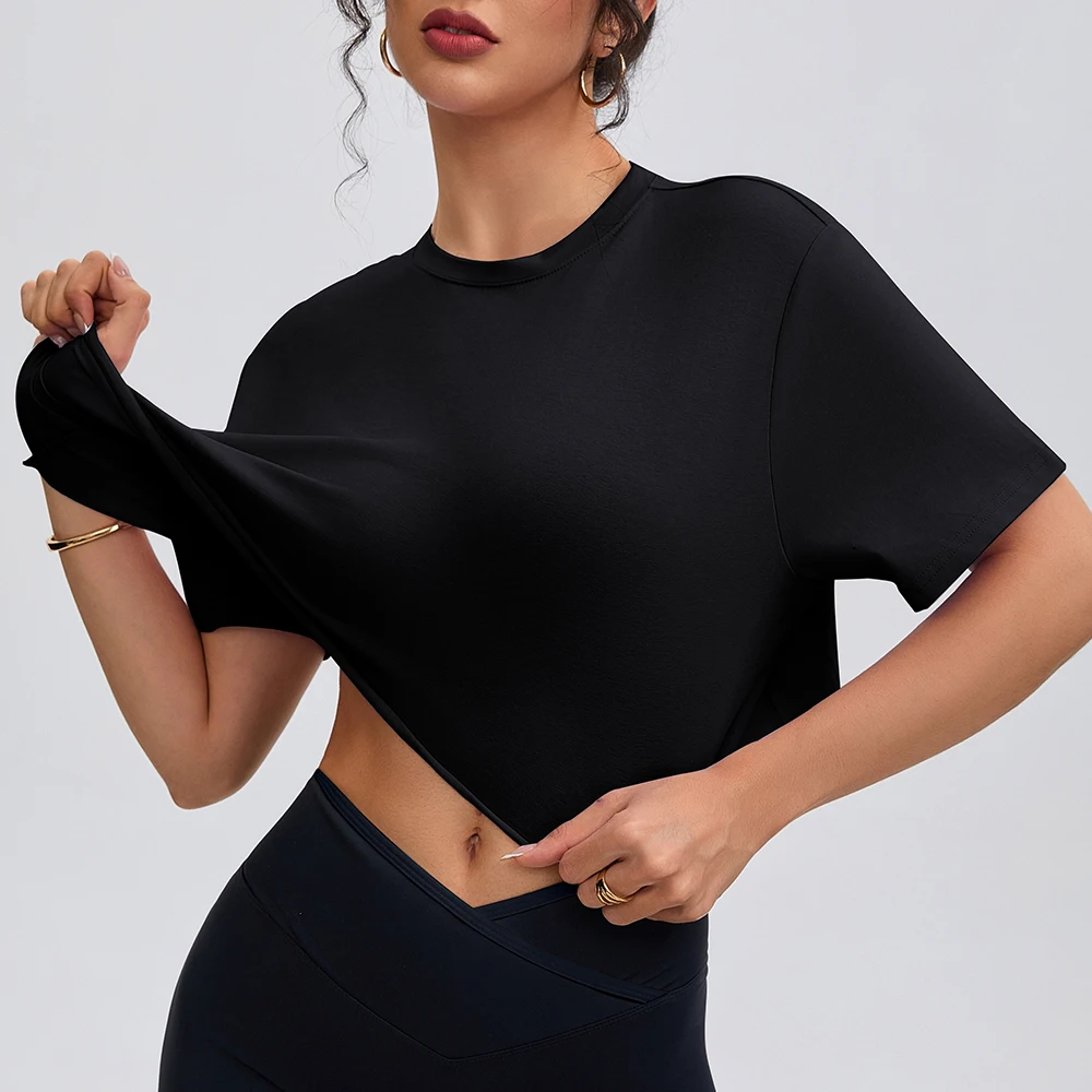 Anfilia, camisas de Yoga a la moda para mujer, holgadas, con cuello redondo, mangas cortas, 95% algodón, transpirables, para gimnasio, Fitness, Tops cortos para correr