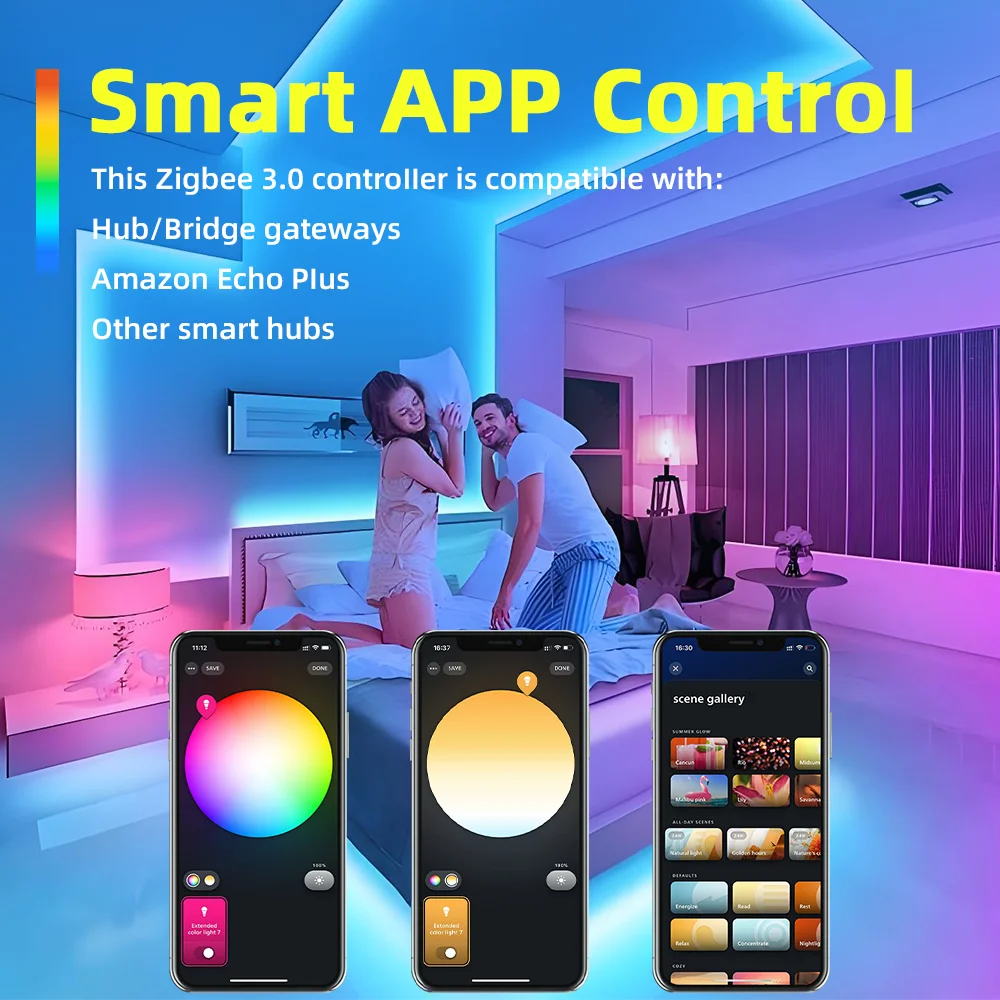 DOMRAEM Zigbee 3.0, controlador de tiras LED 5 en 1, regulador de intensidad, CCT, RGB, RGBW, RGBCCT, PWM, compatible con la aplicación HU*E SmartThings y control por voz, 20 A máx.