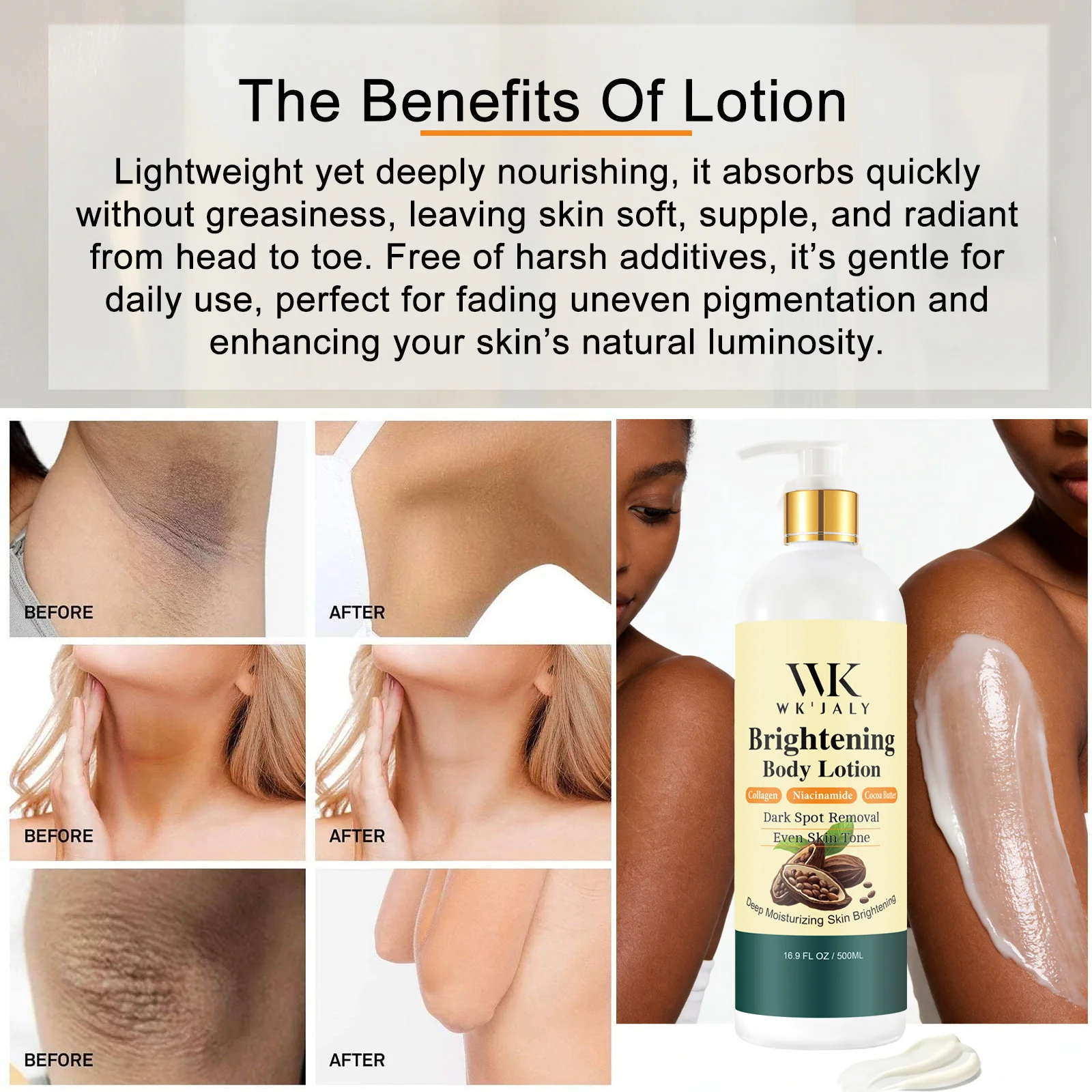 Loción Corporal Blanqueadora con Colágeno WK JALY, Elimina Manchas Oscuras, Melanina, Hidrata, Suaviza la Piel, con Papaya Natural y Niacinamida