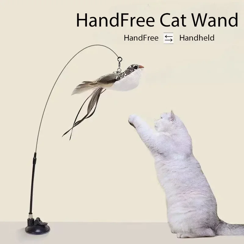 Juguete interactivo para gatos, palo para gatos manos libres, juguete para jugar a gatitos, varita de juguete con ventosa, varita para gatos con pájaros/plumas, suministros para mascotas