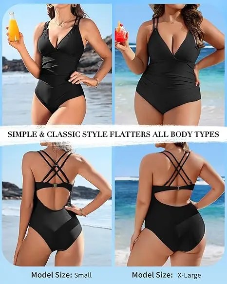 Anfilia Trajes de baño de una pieza con cuello en V sexy para mujer Trajes de baño Monokini con doble tiras Traje de baño con tirantes entrecruzados en la espalda