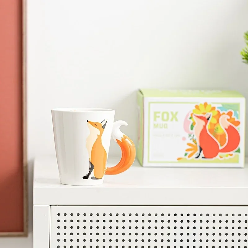 Tazas de cerámica de zorro 3D de 360ML, tazas de café con patrón de animales de dibujos animados, té de la tarde, Taza de leche antiescaldado, taza de regalos para niños para el hogar y la Oficina