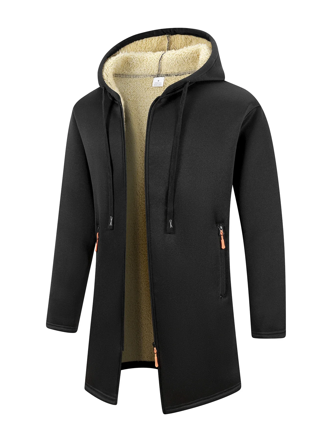 Abrigo largo cálido de invierno para hombre, chaqueta con cremallera, cortavientos con cremallera, abrigo grueso de lana a prueba de viento, chaqueta informal con capucha de Color contrastante