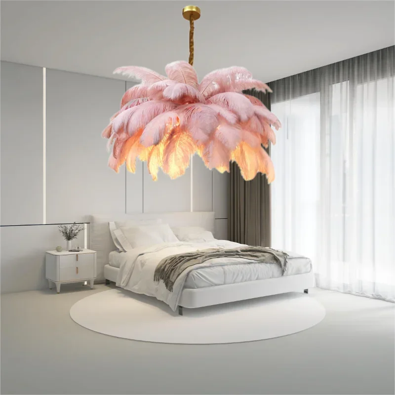 Lámpara colgante de pluma púrpura moderna, Lustres nórdicos, lámpara de techo para sala de estar, dormitorio, accesorios de iluminación para decoración del hogar