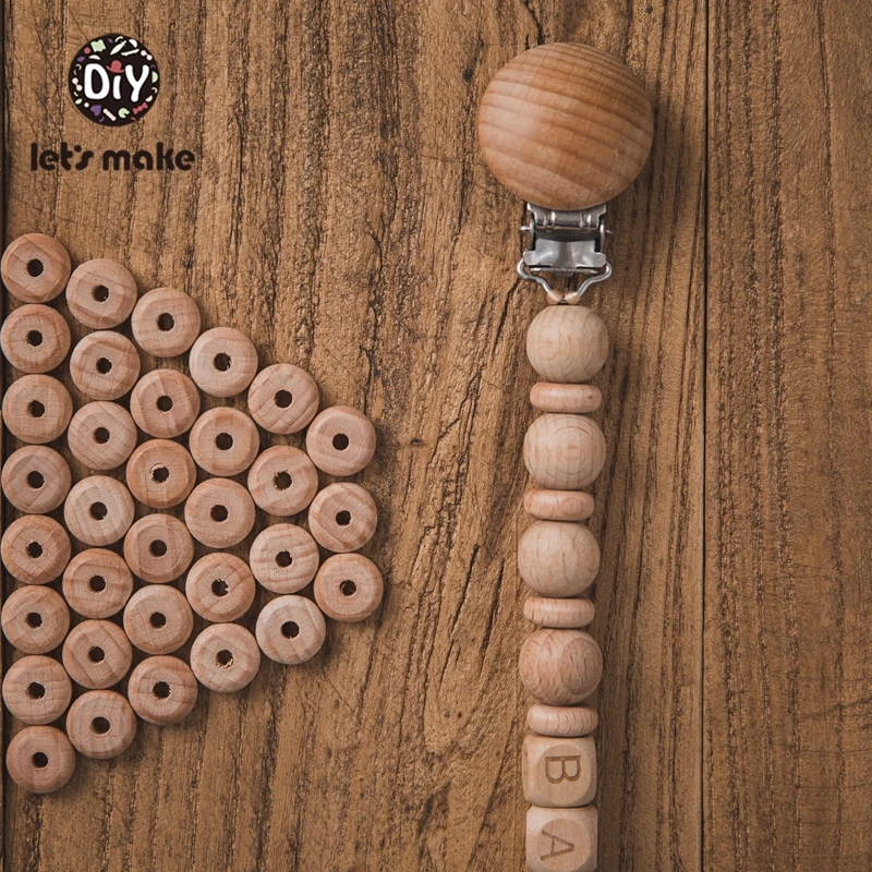 Let's Make-Cuentas de Ábaco de haya para bebé, collar de cuentas de madera de 10mm, mordedor de grado alimenticio DIY, accesorios de cadena de madera para pezones, 50 piezas