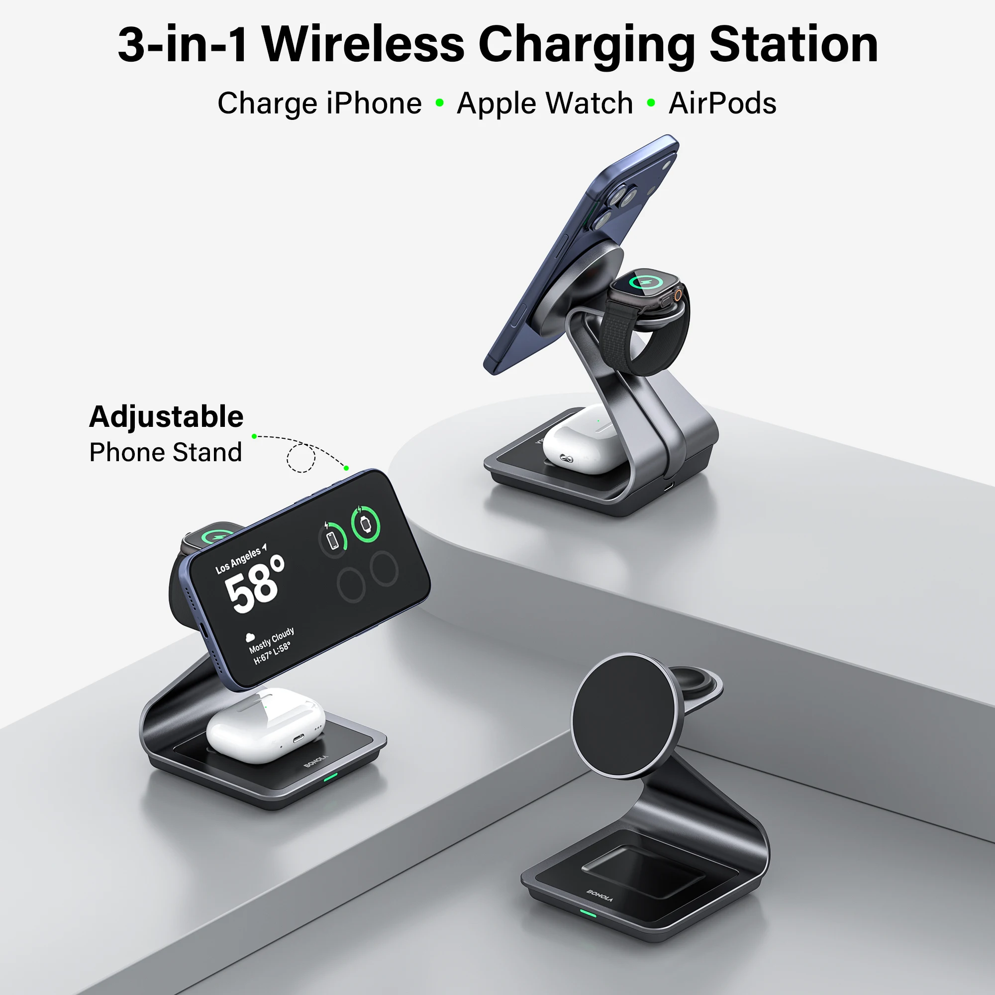 Estación de Carga Inalámbrica Magnética 3 en 1 Bonola para iPhone 17/17 Pro Max/16/15, Carga Inalámbrica de 15W para Apple Watch y AirPods Pro
