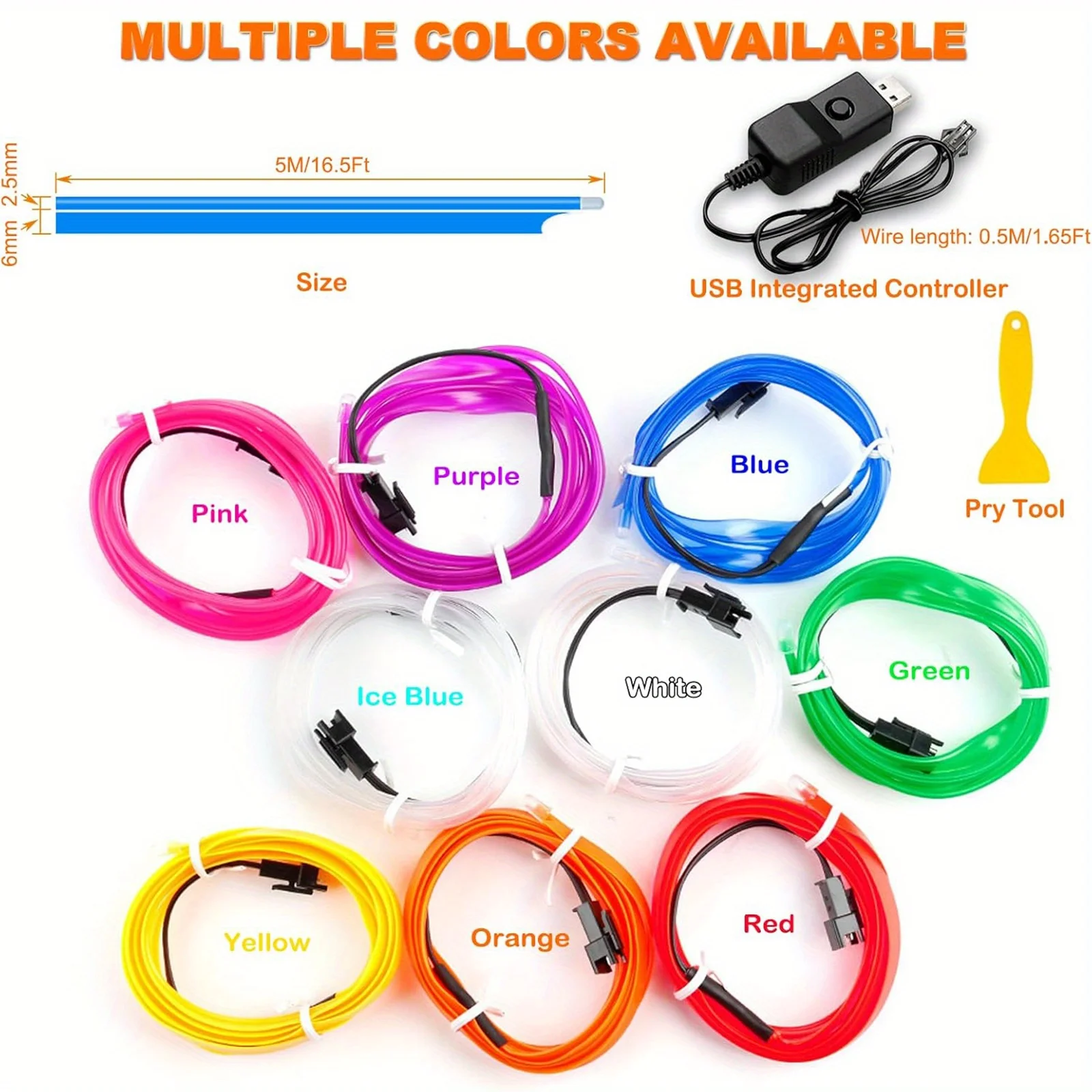 Tiras de luces LED para coche, Kit de iluminación ambiental de neón USB de 196,85 pulgadas con interruptor silencioso para decoraciones interiores de coche