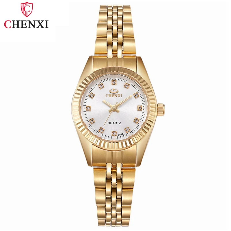 Marca CHENXI, reloj dorado de lujo para mujer, reloj para mujer, vestido para mujer, relojes de pulsera impermeables de cuarzo con diamantes de imitación