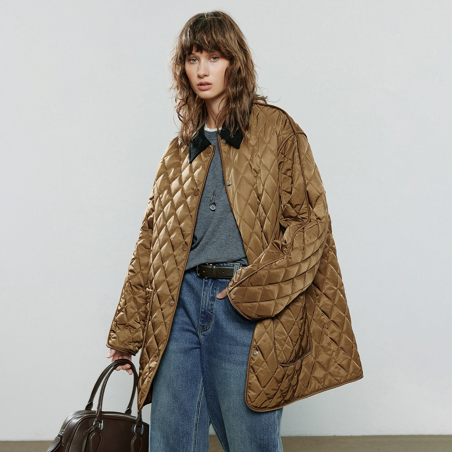 TOYOUTH Chaqueta de algodón para mujer 2025 invierno nuevo de lujo Retro diamante rejilla ropa de trabajo bolsillo grande chaqueta de longitud media marrón