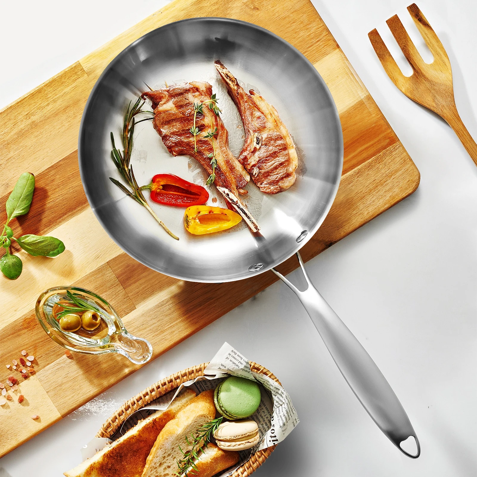 Sartén de acero inoxidable 304, sartén antiadherente, olla para carne frita, utensilios de cocina sin recubrimiento para estufa de Gas y cocina de inducción