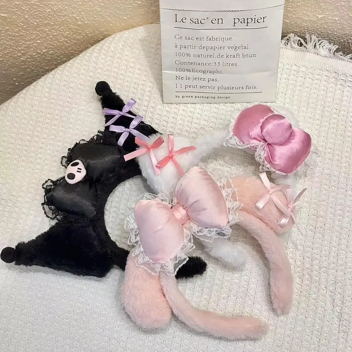 Diadema de Peluche de Hello Kitty, Melody y Kuromi, con Lazo Rosa y Negro, para Cosplay, Halloween, Disfraces y Regalos
