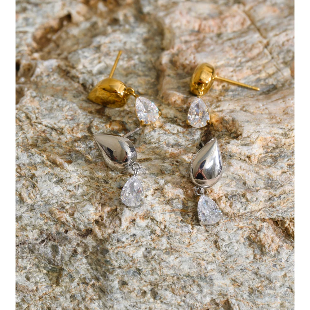 Yhpup Pendientes colgantes de acero inoxidable con circonita en forma de gota de agua, impermeables, chapados en PVD de 16K, joyería de alta calidad para mujer