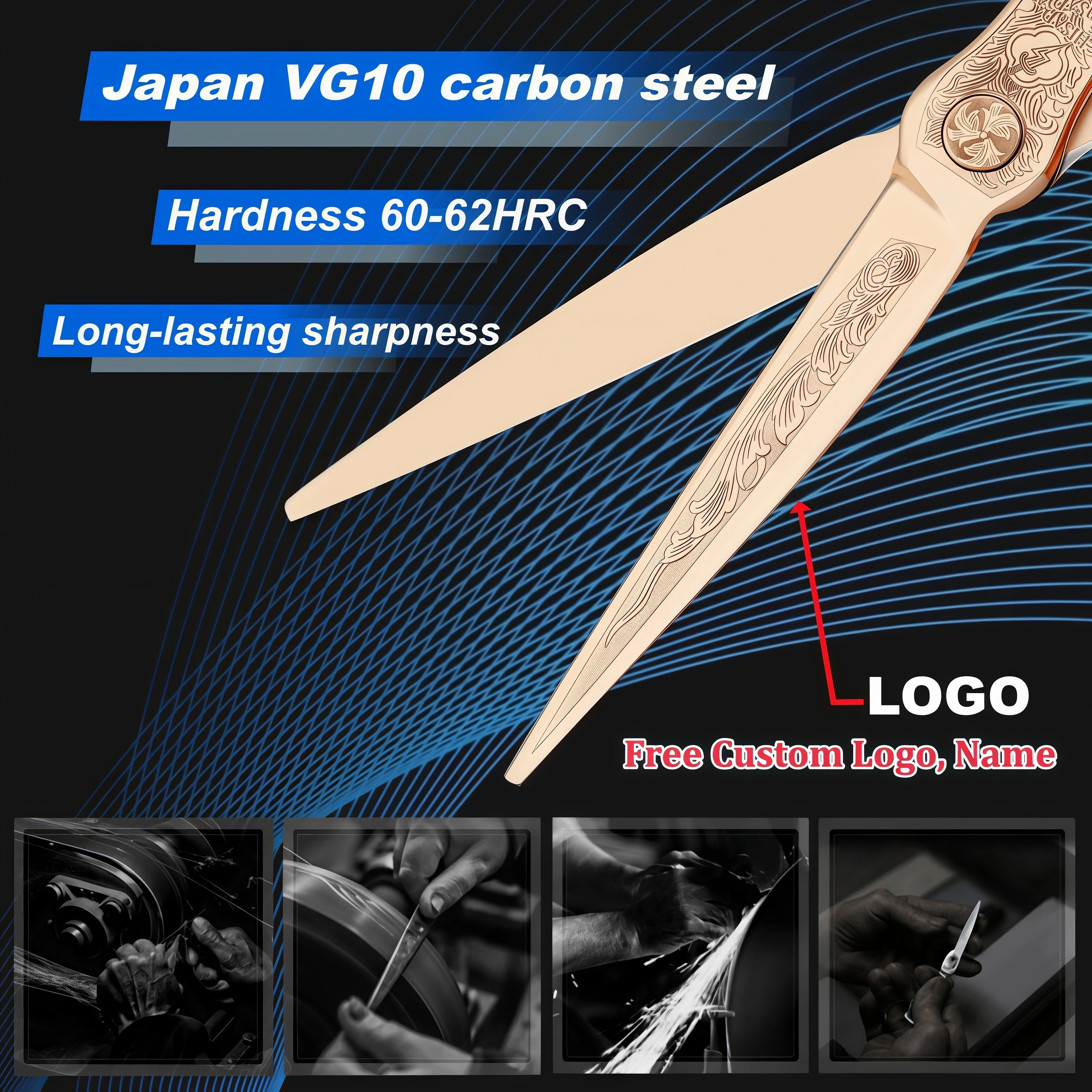Tijeras de Barbero HISADA, Hechas a Mano en Japón, Material VG10, Tijeras de 6-7 Pulgadas, Color Oro Rosa, Tijeras Profesionales de Peluquería