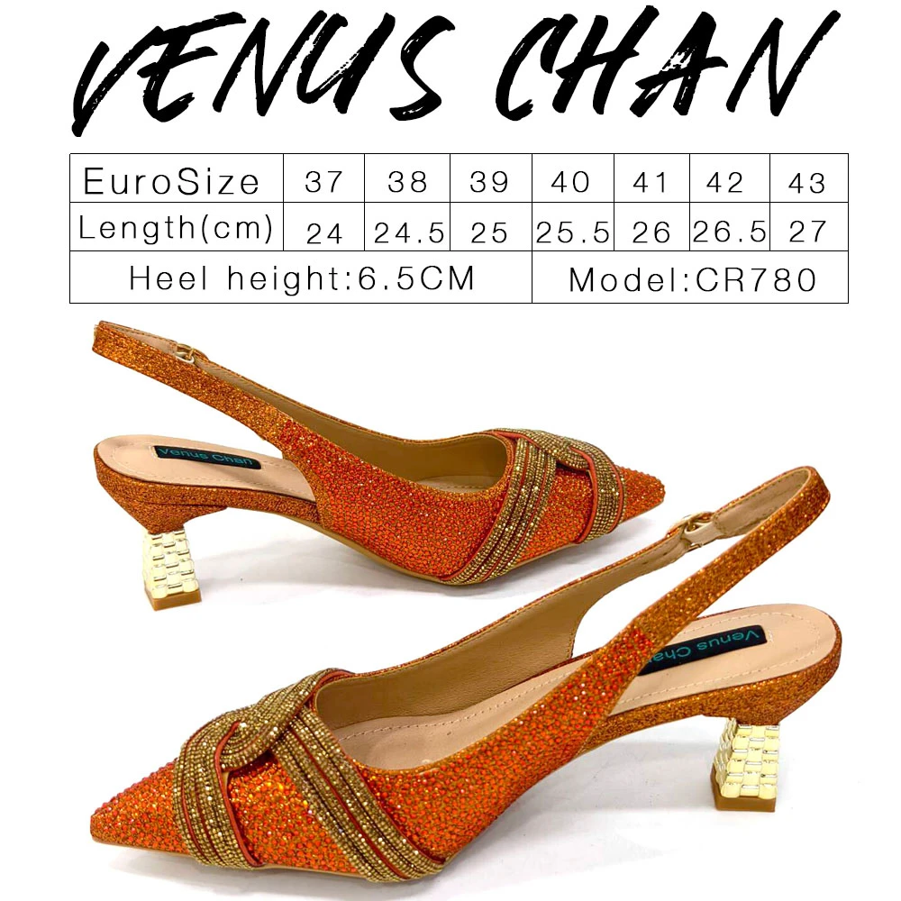 Venus Chan 2024, diseño especial, Color naranja de alta calidad, zapatos y Bolsa africanos para mujer con cristal brillante para fiesta de boda