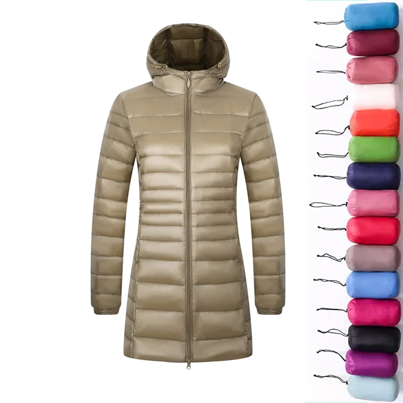 Chaqueta larga de plumón para mujer, abrigo acolchado con capucha, ligero y cálido, con bolsa de almacenamiento para facilitar su transporte, ideal para el invierno, prenda de abrigo informal.