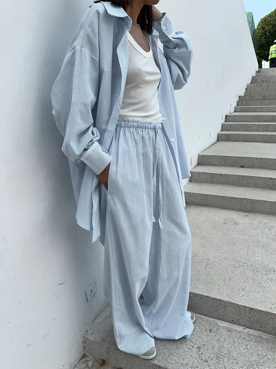 Conjunto de Pantalones Bornladies Primavera 2026, Camisa Holgada con Cuello y Patrón Vertical para Mujer, Conjunto de Pantalones Holgados con Encaje