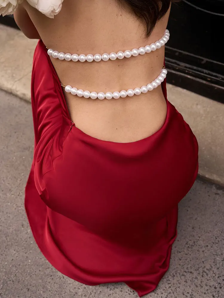 GACVGA satén espalda descubierta perlas Sexy ceñido al cuerpo fiesta de graduación Maxi vestido Halter sin mangas celebridad noche pasarela ajustado Club vestido largo