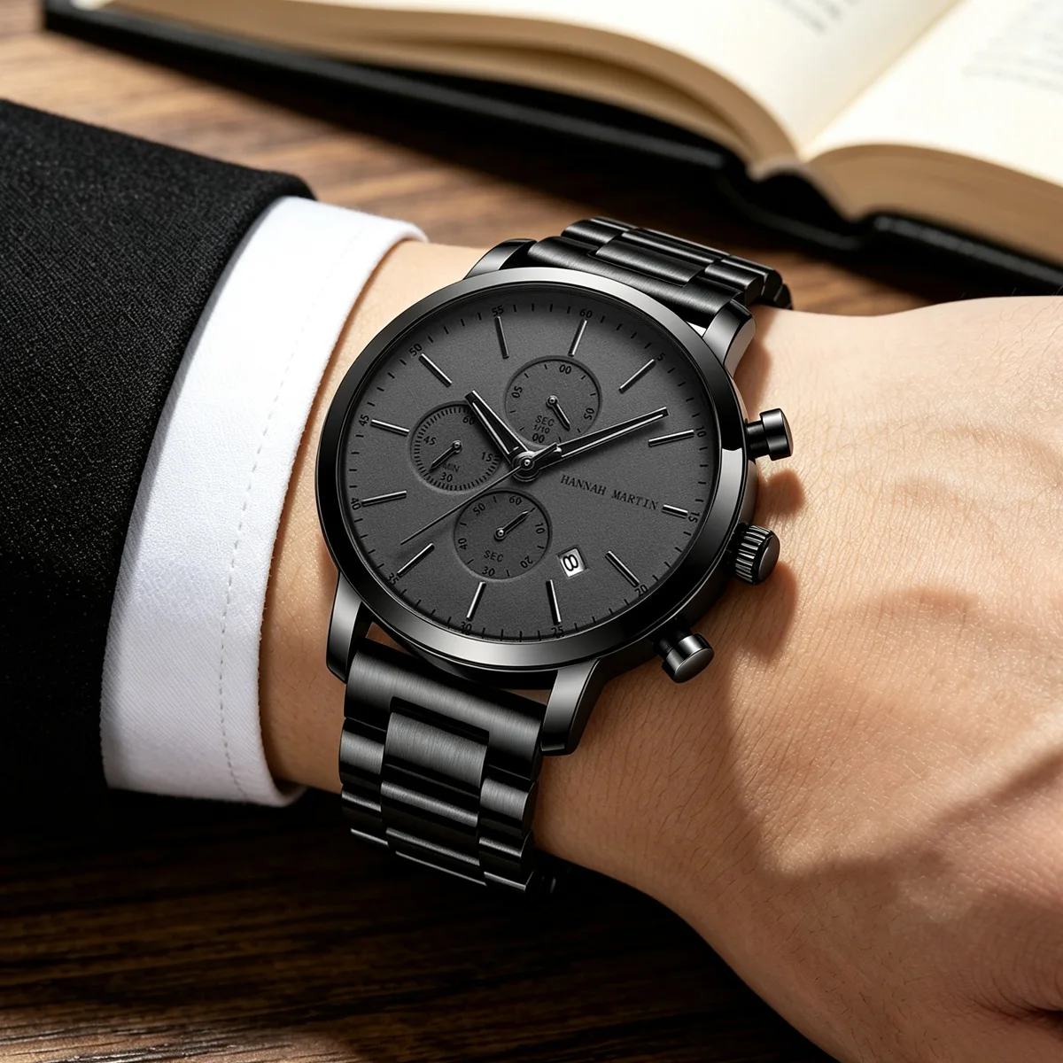 Reloj de marca HANNAH MARTIN para hombre, reloj de pulsera de cuarzo multifuncional deportivo resistente al agua de acero inoxidable negro, reloj Masculino