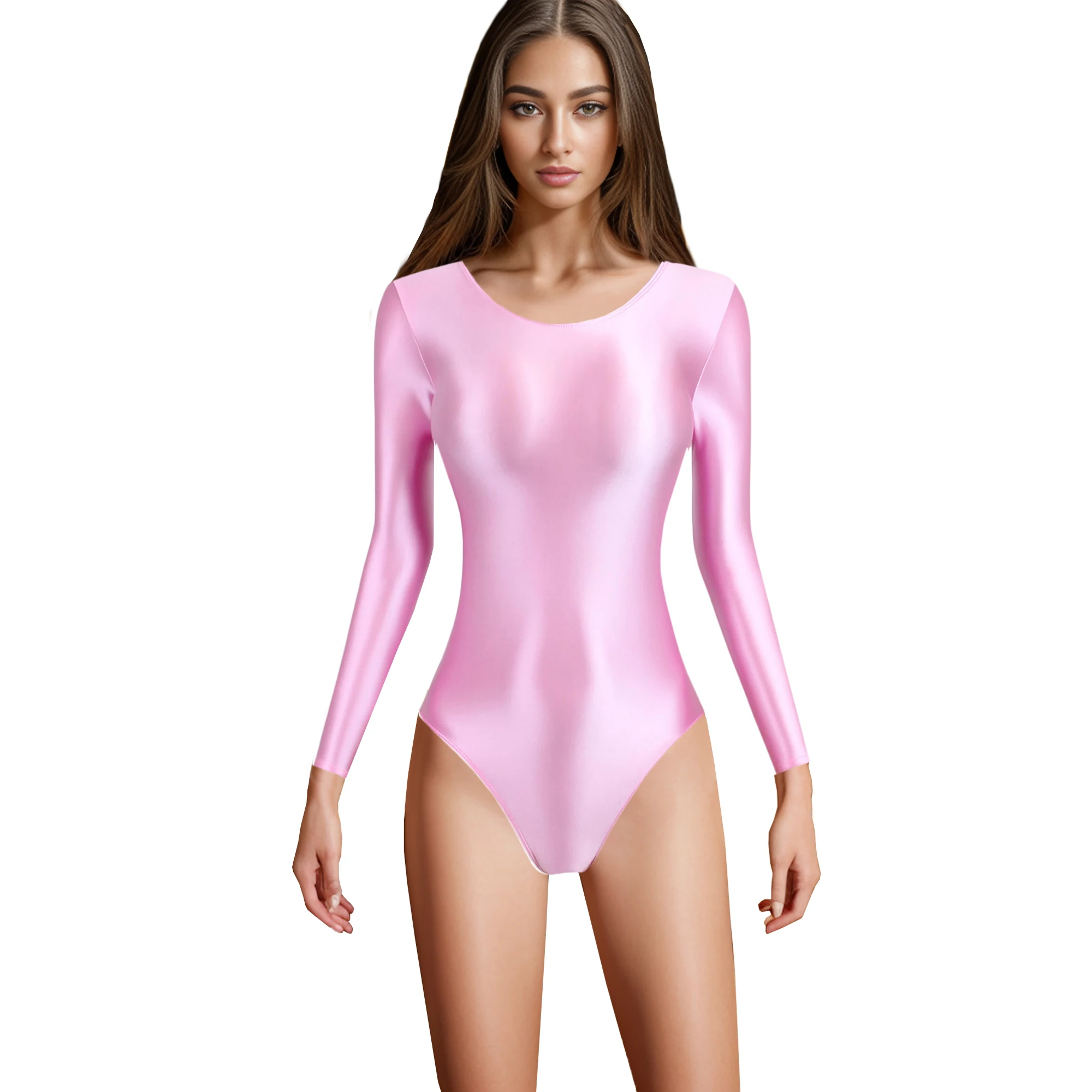 Traje de baño XClocKNYoung de satén brillante con corte en T, de manga larga y corte alto, para yoga y gimnasia, estilo seda.